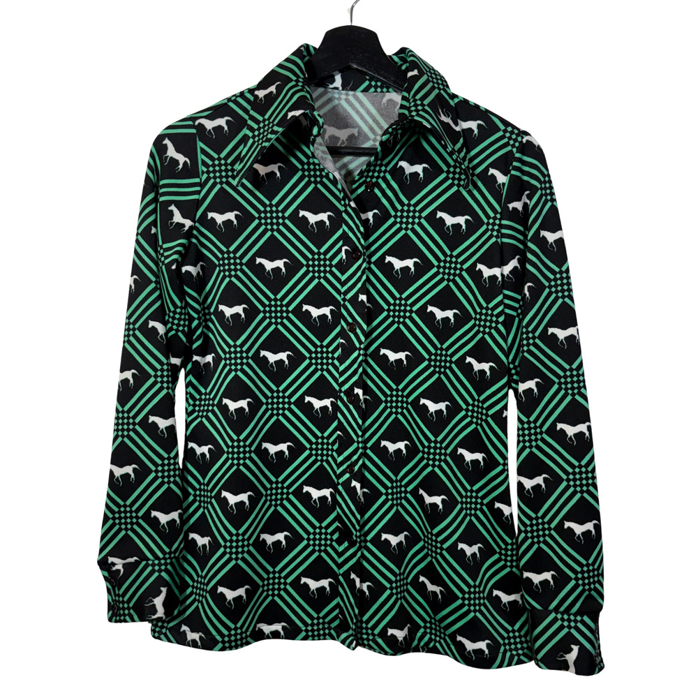 1970s Horse Shirt Butterfly Collar Button Down Green Black Polyester Retro Rodeo